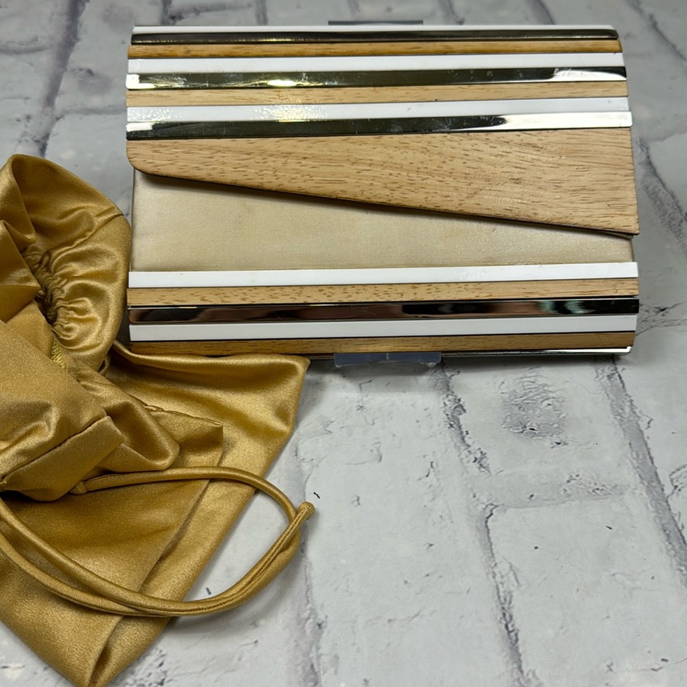 BCBGMAXAZRIA Box Clutch Purse Wood Metal Satin Envelope Flap Closure